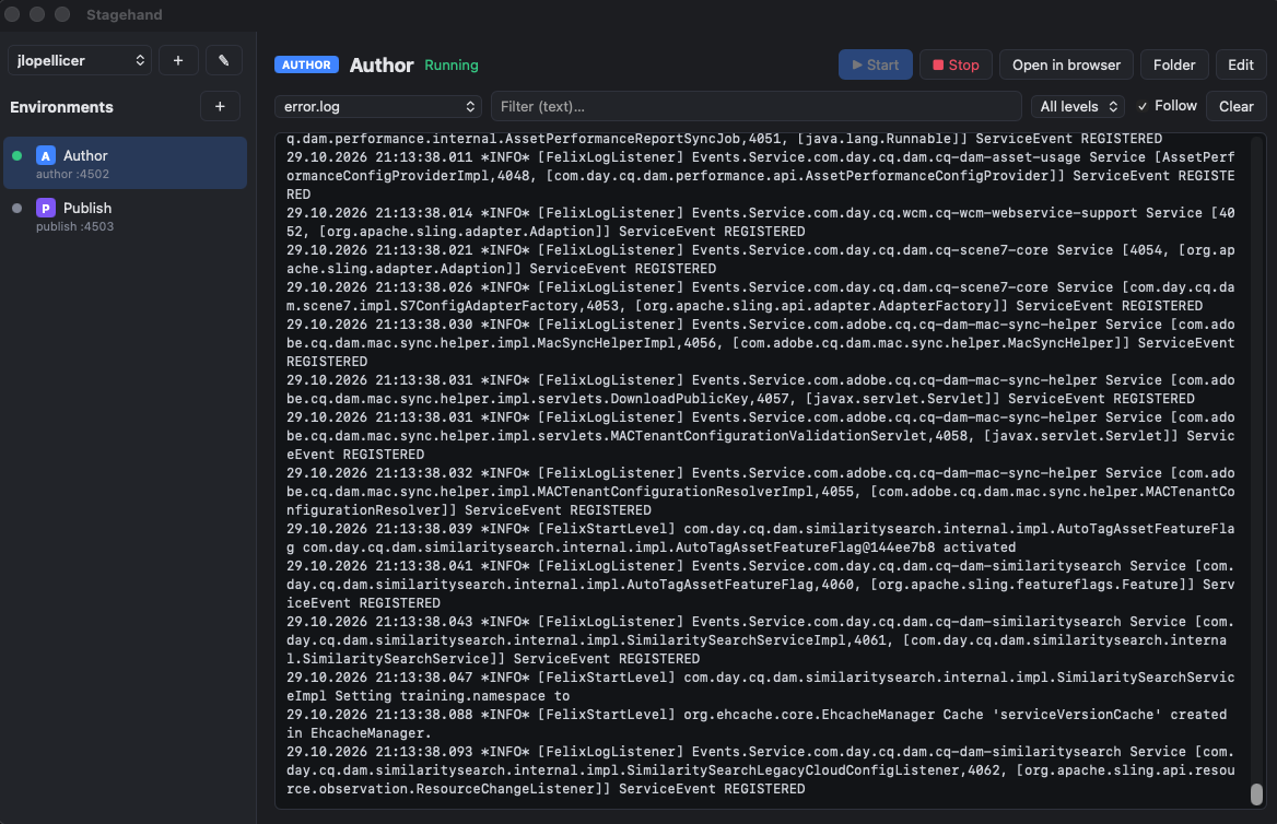 Running Author instance with its live error.log